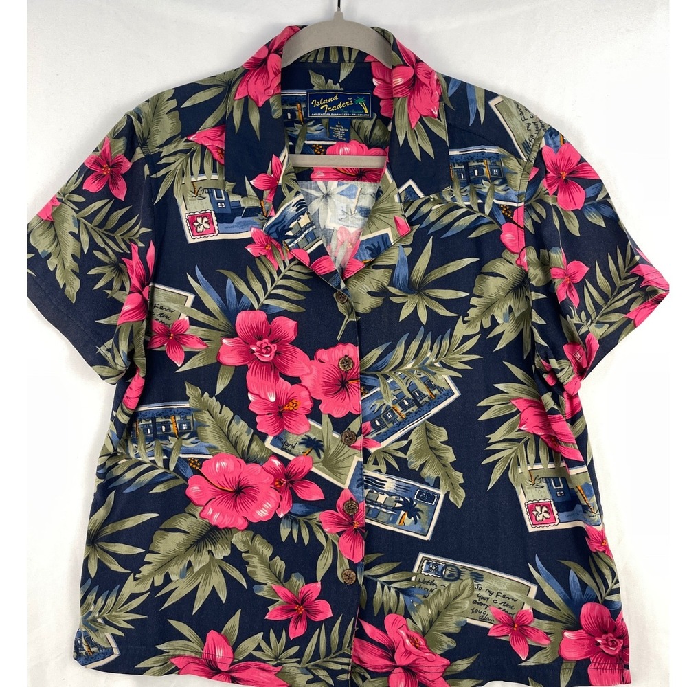 Island Traders Mens Large Navy Pink Hibiscus Floral Rayon Tropical Aloha Shirt